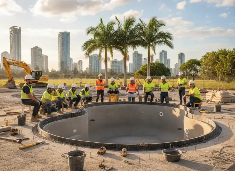 concrete pools gold coast: crew of workers in hi-vis vests and hard hats around a round concrete pool shell