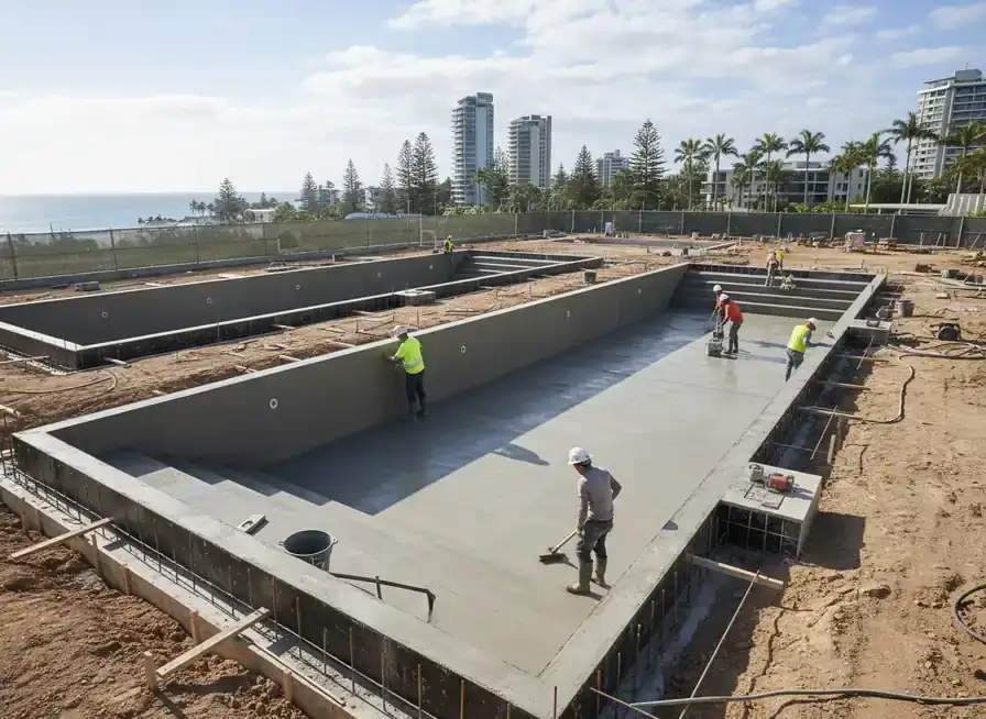concrete pools gold coast: long rectangular concrete lap pool shells with steps and a smooth floor being finished
