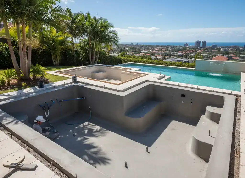 concrete pools gold coast: concrete pool shell with a raised inner basin and a worker spraying concrete