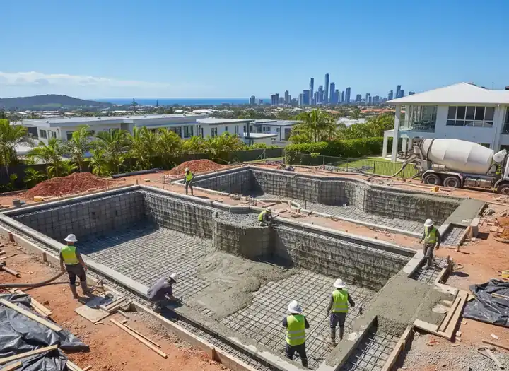 concrete pools gold coast: steel reinforcement grid and formwork for pool shells, workers and a concrete truck on site