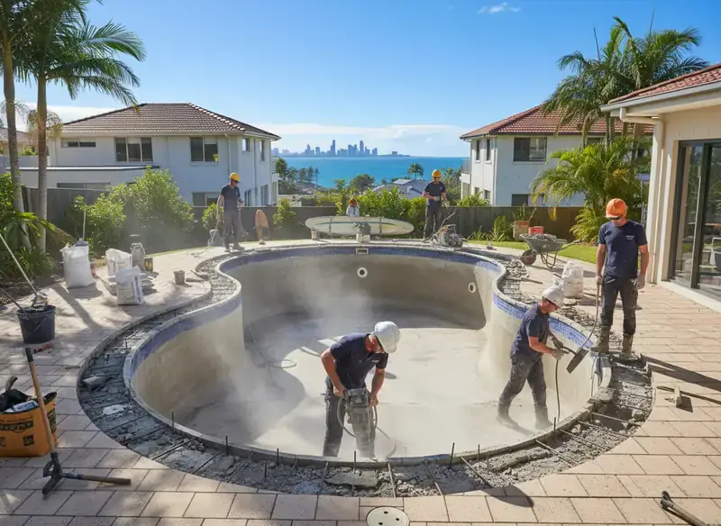 concrete pools gold coast: workers with power tools breaking back an existing round pool edge with blue tile trim