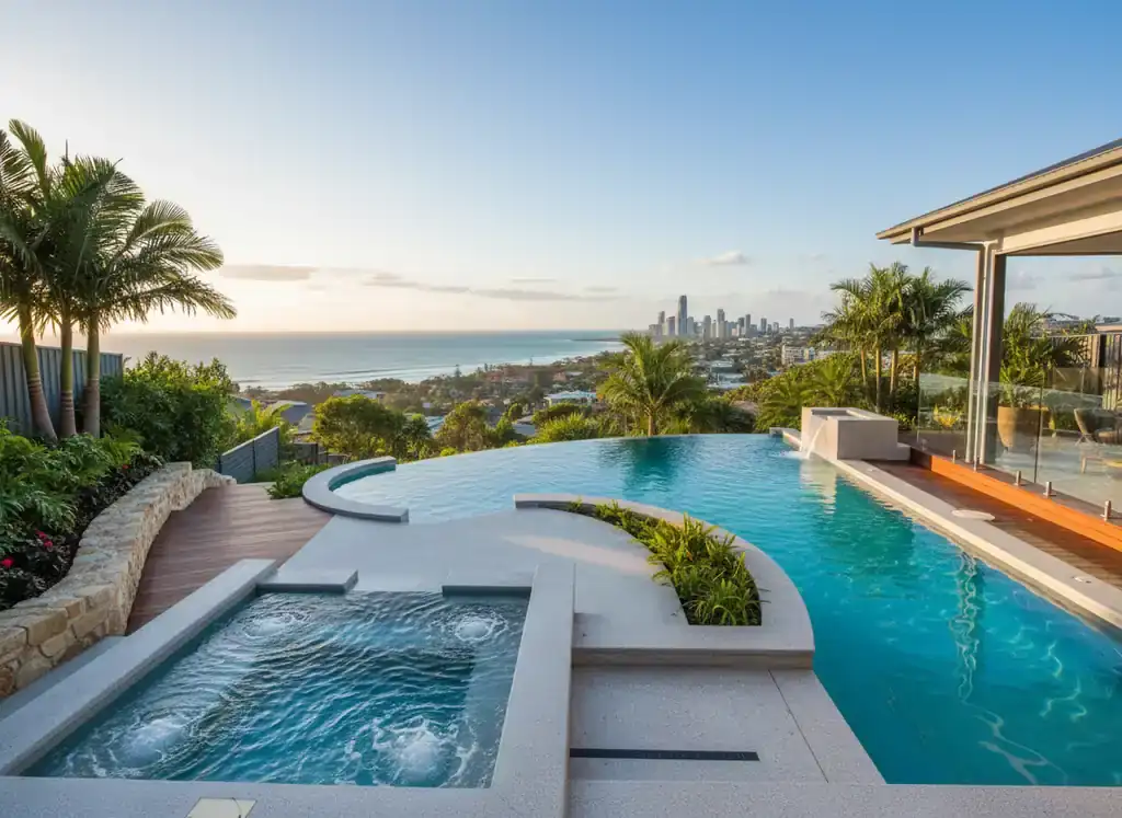 concrete pools gold coast: finished infinity-edge pool with an attached spa, stone wall and timber deck at dusk