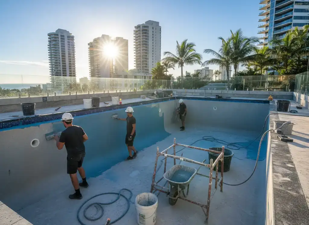 concrete pools gold coast: two workers rolling blue pool coating onto the interior walls of an empty concrete pool