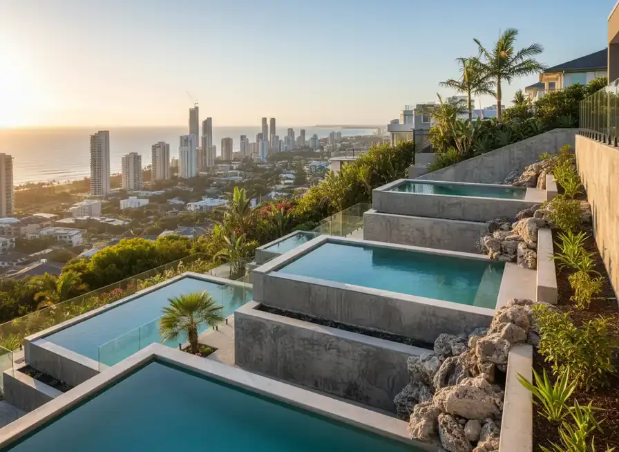 concrete pools gold coast: stepped concrete pools cascading down a hillside with rock boulders and planted slopes
